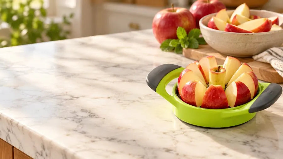 Green Götze 2-in-1 Food Divider holding an apple cut into wedges on a marble counter beside a bowl of apple slices