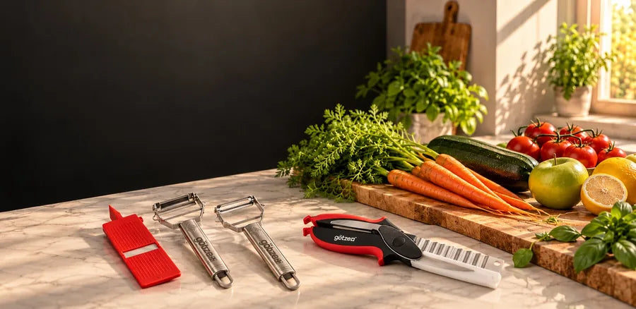 Fresh carrots, zucchini, tomatoes, lemons and herbs on a sunlit marble kitchen counter beside a wooden cutting board