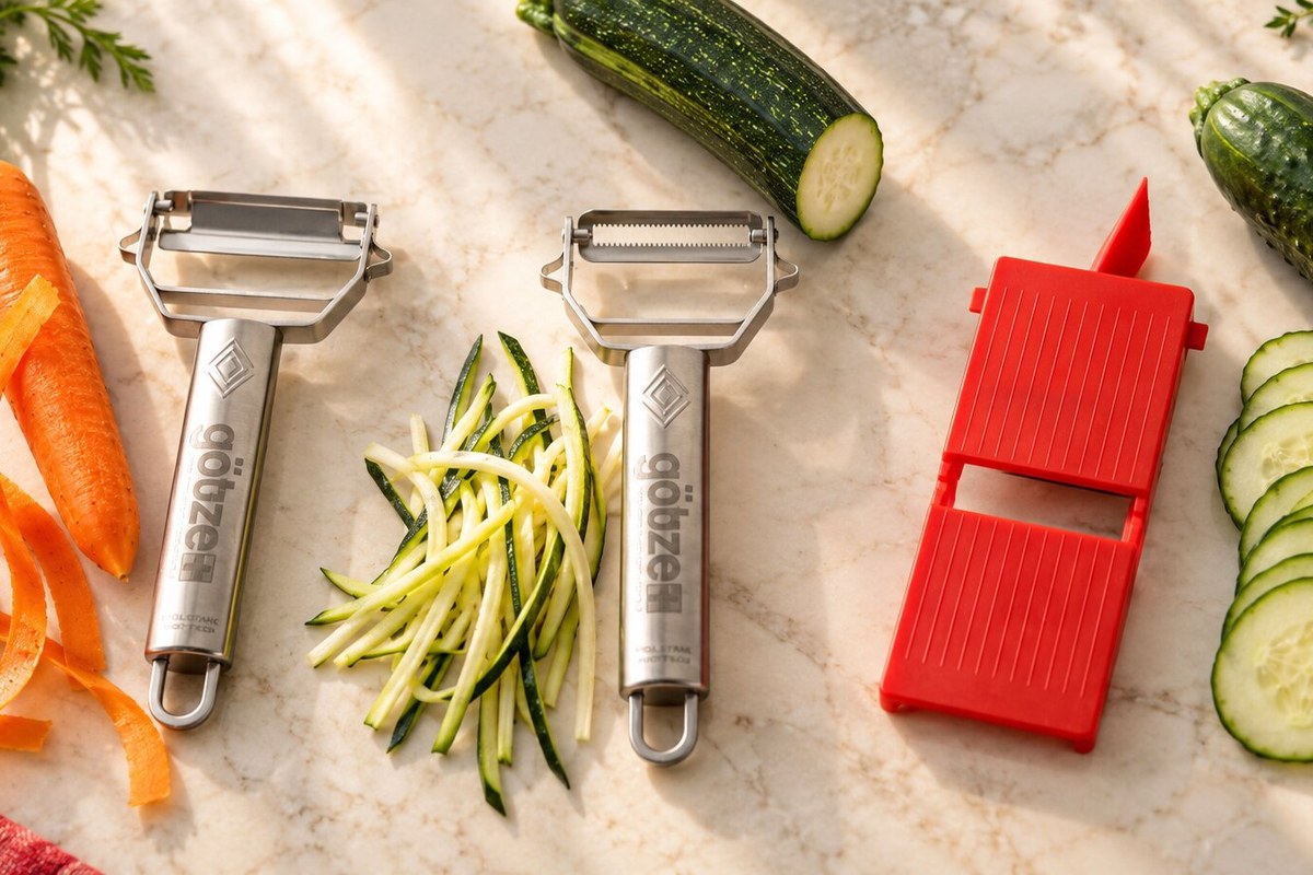 Götze Y-peeler, julienne peeler and red mini slicer beside zucchini strips and sliced cucumber