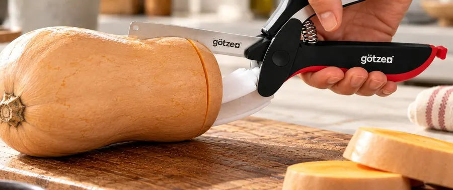 Götze Kitchen Shears knife cutting a butternut squash