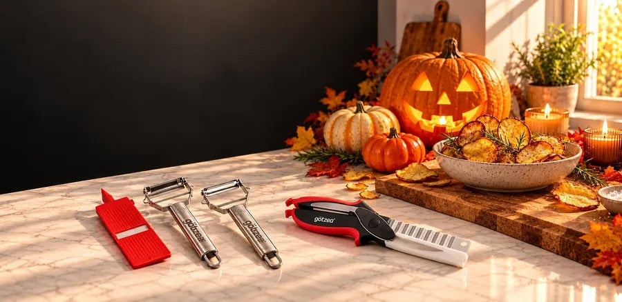Götze peelers, a red slicer and kitchen shears on a marble counter beside a glowing jack-o'-lantern, pumpkins, autumn leaves and a bowl of baked chips