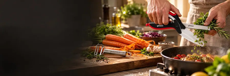 Chef's hands cutting fresh herbs with Götze kitchen shears over a board of carrots and vegetables, with a pan on the stove
