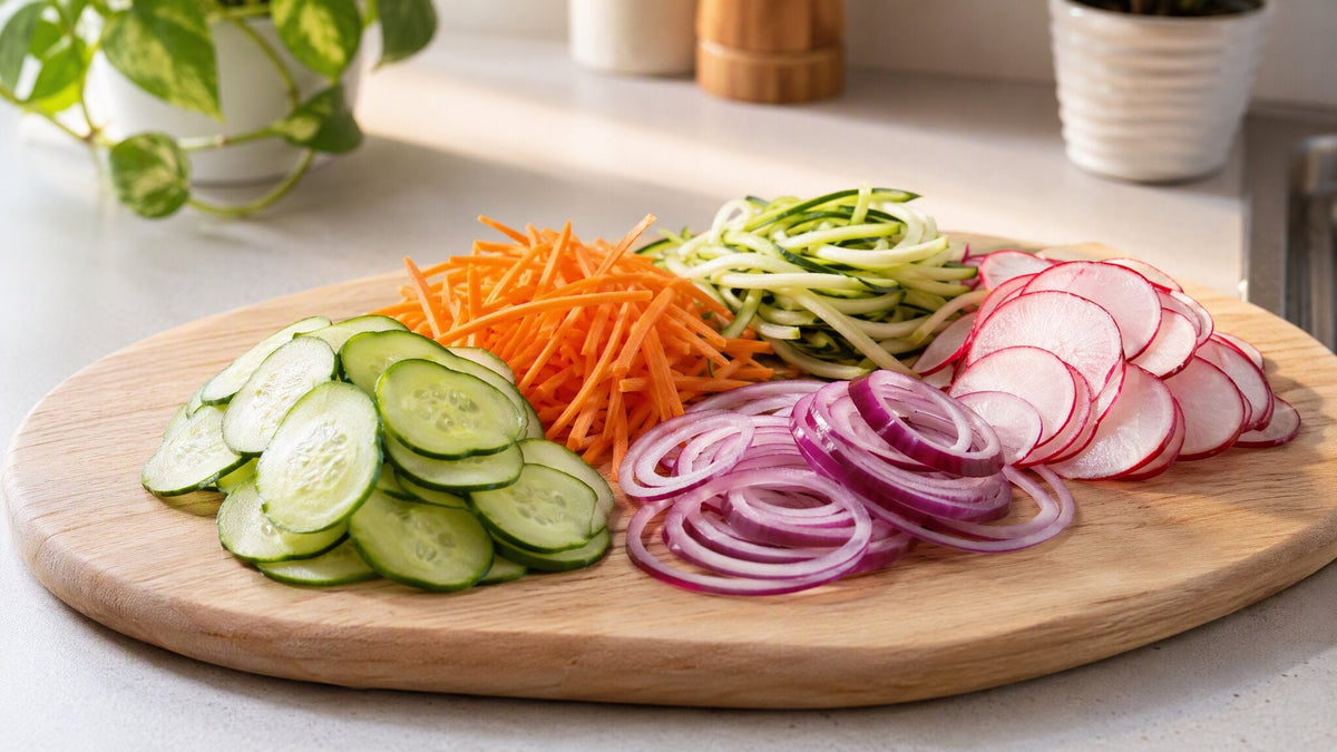 Thin even slices of cucumber, carrot, zucchini, radish and red onion on a wooden board