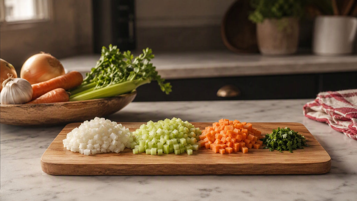 Finely diced onion, celery, carrot and parsley on a wooden board