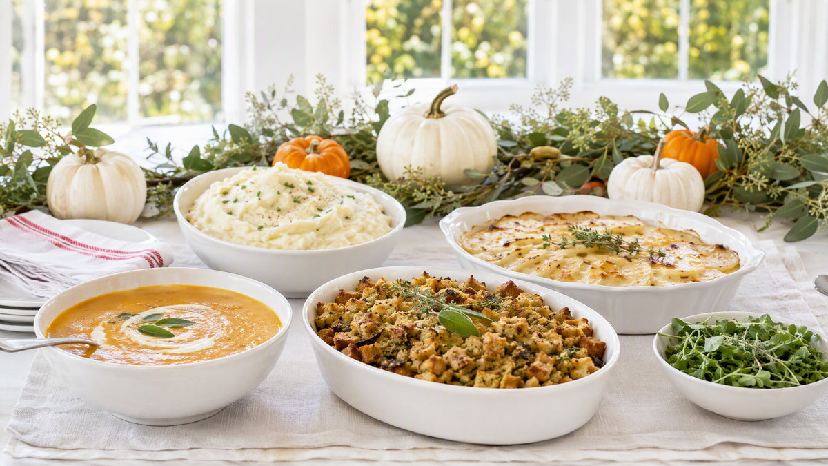 Bright vegetarian Thanksgiving table with squash soup, herb stuffing, mashed potatoes and scalloped potatoes