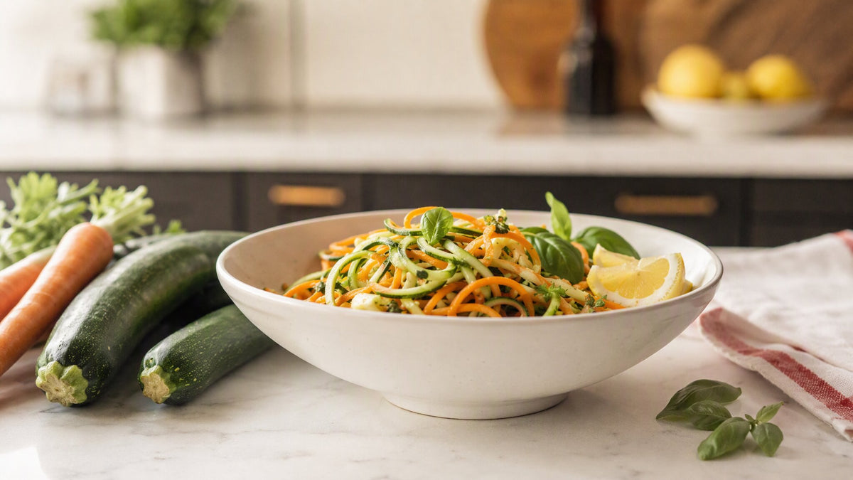 Bowl of zucchini and carrot noodles with lemon and basil