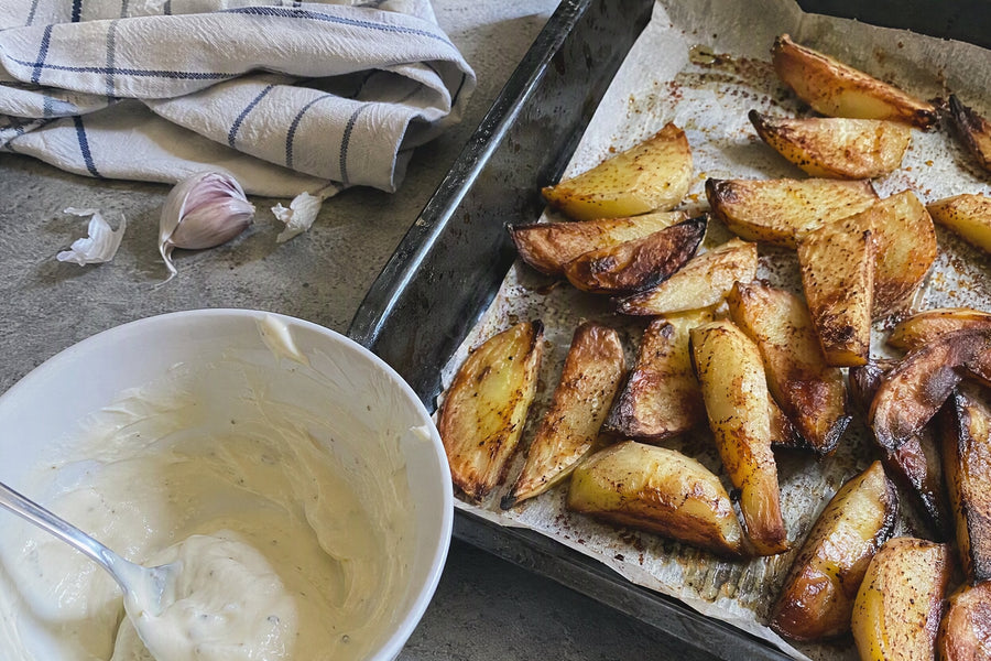 Crispy Potato Wedges with Homemade Garlic Aioli