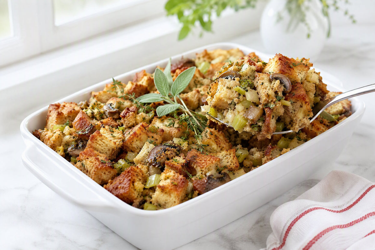 Baking dish of golden vegan mushroom and herb stuffing with fresh sage