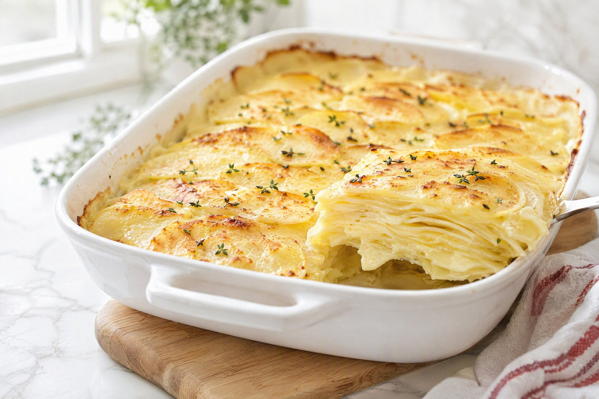 Golden baked vegan scalloped potatoes in a ceramic dish with thin potato layers