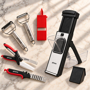 Götze Black Friday Mega Bundle: Limited Bundle five tools and SafeSlice Pro on a marble countertop