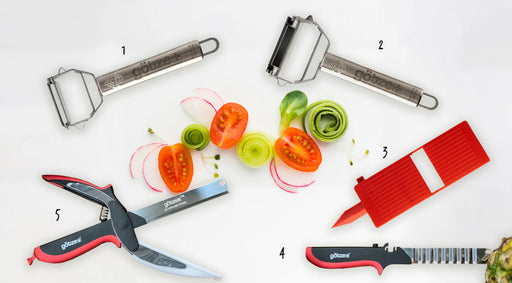Gotze Peelers & Shears Set—five-tool kitchen bundle with peelers, shears, slicer and cutter, shown with fresh veggies.