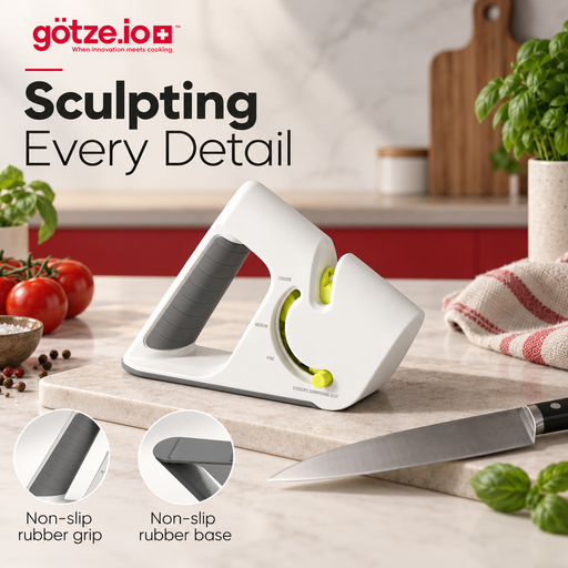 Götze 4-in-1 Knife & Scissors Sharpener featuring a rubber non-slip base designed to improve grip and stability during sharpening.