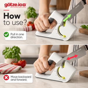 A two-panel instructional graphic showing a person using a white Götze knife sharpener. The top panel demonstrates pulling the handle in one direction with a green arrow, and the bottom panel demonstrates moving backward and forward with a red arrow.