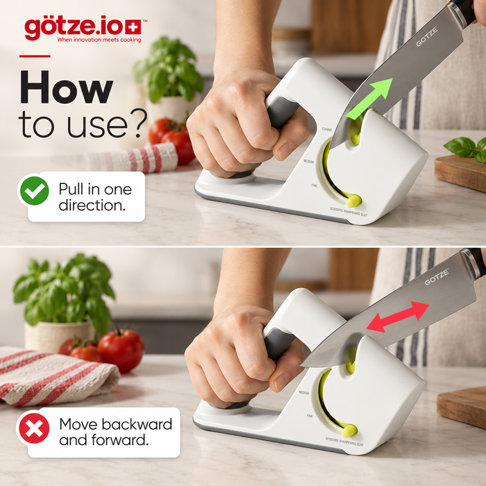 A two-panel instructional graphic showing a person using a white Götze knife sharpener. The top panel demonstrates pulling the handle in one direction with a green arrow, and the bottom panel demonstrates moving backward and forward with a red arrow.