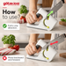 A two-panel instructional graphic showing a person using a white Götze knife sharpener. The top panel demonstrates pulling the handle in one direction with a green arrow, and the bottom panel demonstrates moving backward and forward with a red arrow.