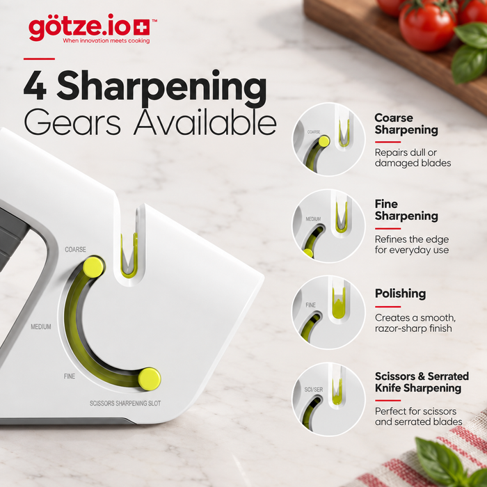 A white Götze.io sharpening device shown on a light marble surface with product callouts and circular inset diagrams explaining coarse, fine, and polishing sharpening modes.