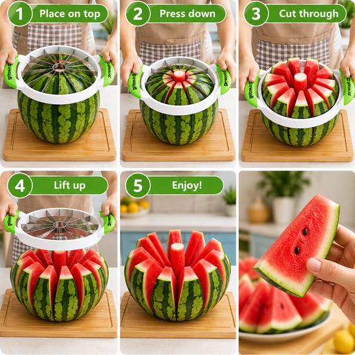A 5-step collage showing a watermelon slicer and coring tool being used to prepare a watermelon. The panels include labeled instructions: Place on top, Press down, Cut through, Lift up, and Enjoy!, with a close-up of a hand holding a slice of watermelon.