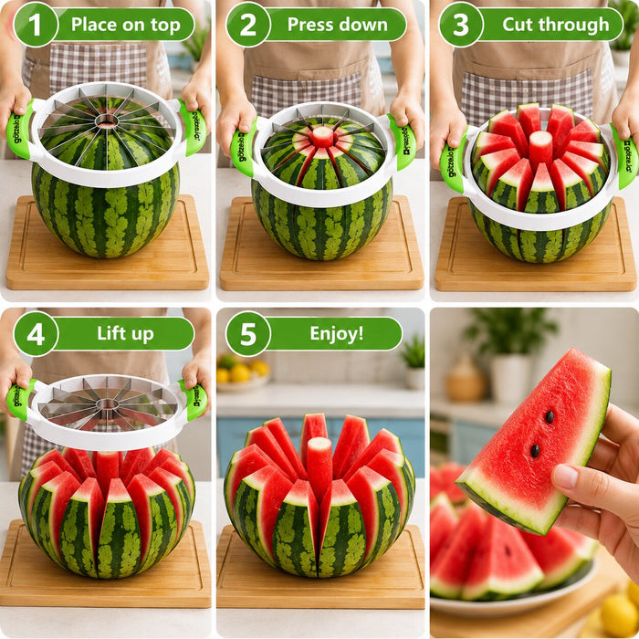 A 5-step collage showing a watermelon slicer and coring tool being used to prepare a watermelon. The panels include labeled instructions: Place on top, Press down, Cut through, Lift up, and Enjoy!, with a close-up of a hand holding a slice of watermelon.