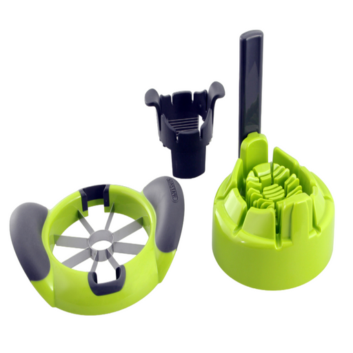 Götze green and black 2-in-1 food divider set with stainless steel apple slicing blades and interchangeable cutting attachments on a white background.