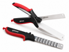 Götze multi-function kitchen shears with stainless steel blade and white safety guard, paired with a red and black crinkle cutter on a white background.