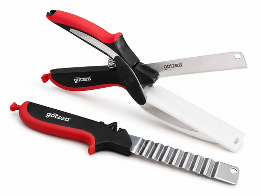 Götze multi-function kitchen shears with stainless steel blade and white safety guard, paired with a red and black crinkle cutter on a white background.