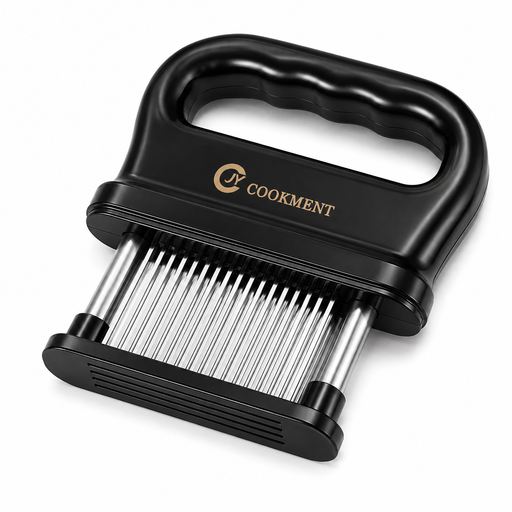Black stainless steel meat tenderizer tool with a wide ergonomic handle and multiple sharp tenderizing blades displayed on a white background.