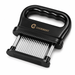 Black stainless steel meat tenderizer tool with a wide ergonomic handle and multiple sharp tenderizing blades displayed on a white background.
