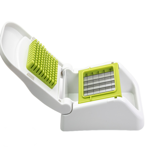 Götze FreshCut Food Dicer with white hinged press, green cutting grid, and stainless steel blades for quickly dicing fruits and vegetables into even pieces.