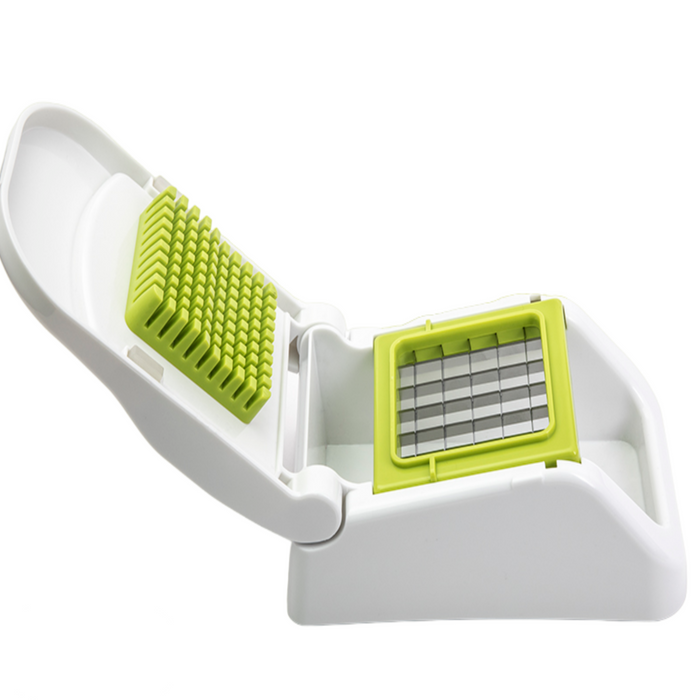 Götze FreshCut Food Dicer with white hinged press, green cutting grid, and stainless steel blades for quickly dicing fruits and vegetables into even pieces.