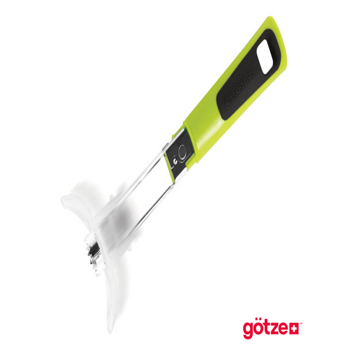 Götze guarded apple corer with green and black ergonomic handle, stainless steel coring shaft, clear protective guard, and Götze logo on a white background.