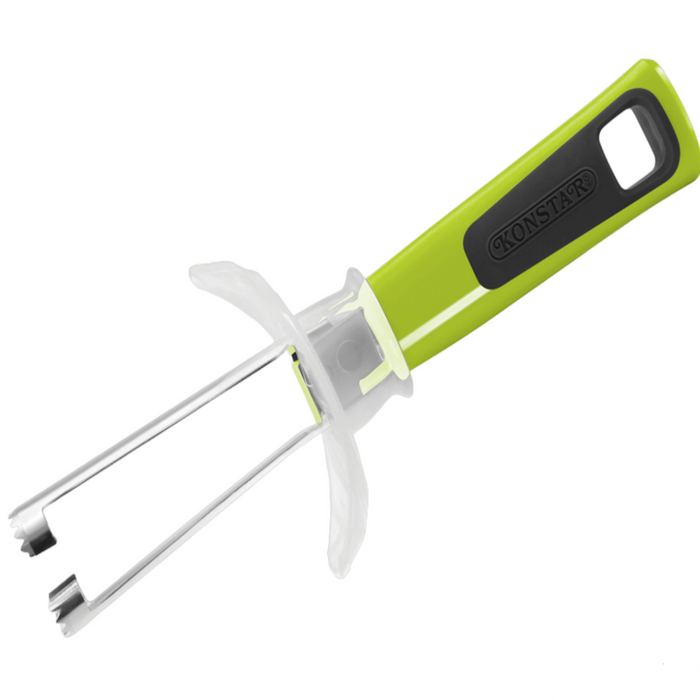 Götze Guarded Apple Corer with green and black ergonomic handle, stainless steel coring blades, and clear safety guard on a white background.