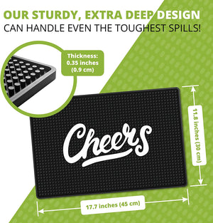 Götze Knot & Style Bar Mat with extra-deep 0.35-inch design, measuring 17.7 by 11.8 inches for catching spills and protecting countertops.