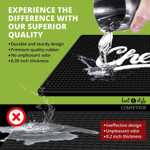 Götze Knot & Style Bar Mat demonstrating spill protection with a durable 0.39-inch thick design compared with a thinner competitor bar mat.
