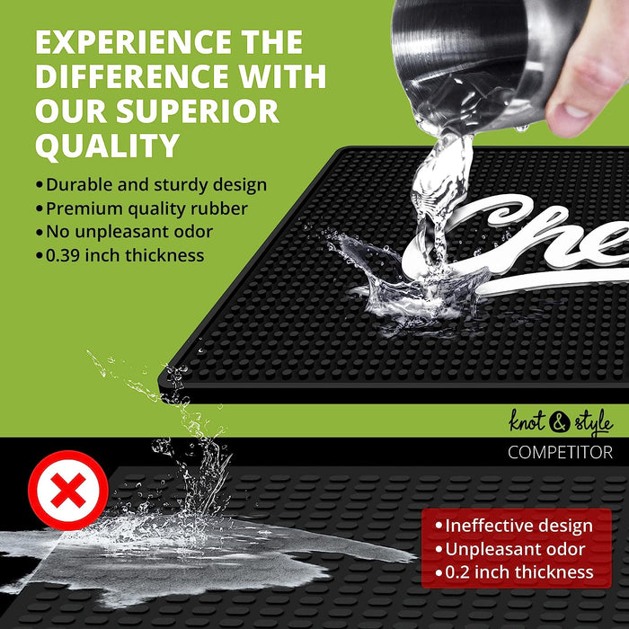Götze Knot & Style Bar Mat demonstrating spill protection with a durable 0.39-inch thick design compared with a thinner competitor bar mat.