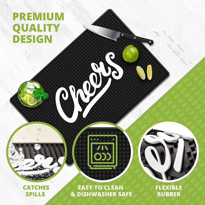 Götze Knot & Style Bar Mat highlighting spill-catching texture, flexible rubber construction, and dishwasher-safe easy-clean design.