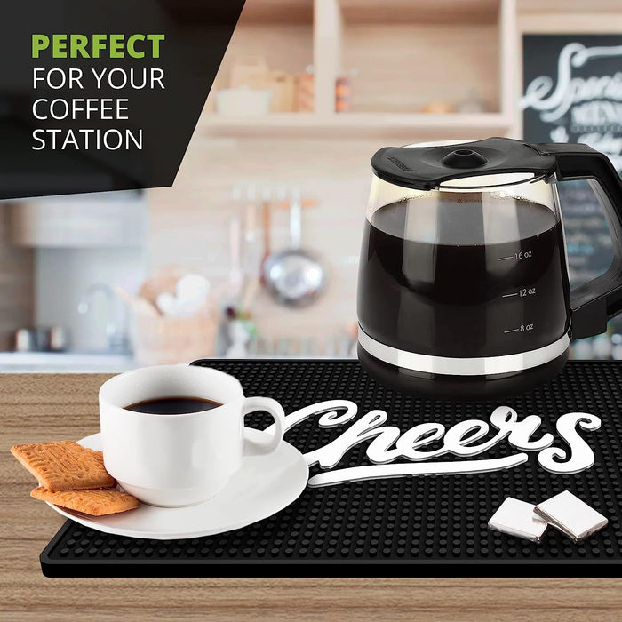 Götze Knot & Style Bar Mat | Stylish Bar Accessory used at a coffee station with a coffee pot, cup, saucer, and cookies on a countertop.
