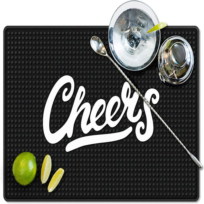 Götze Knot & Style Bar Mat with raised non-slip surface, cocktail glass, shaker, bar spoon, and fresh lime wedges.