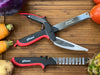 Götze Limited Bundle multi-function stainless steel kitchen shears and crinkle cutter displayed on a wooden cutting board surrounded by fresh vegetables.