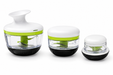 Götze Mavo manual food chopper set in three sizes with clear containers, green stainless steel blades, white lids, and black non-slip bases.