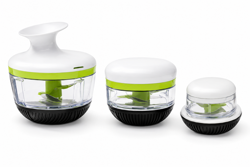 Götze Mavo manual food chopper set in three sizes with clear containers, green stainless steel blades, white lids, and black non-slip bases.