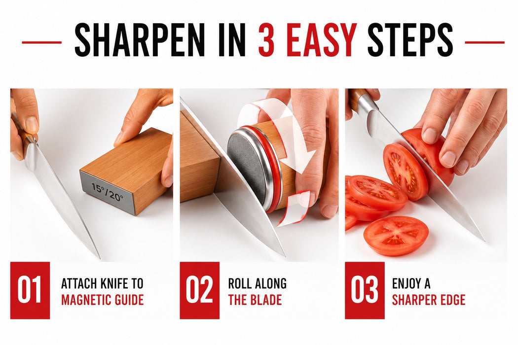 Götze knife sharpener instructional graphic showing three steps: attach the knife to the magnetic 15°/20° guide, roll the sharpener along the blade, and achieve a sharper edge.