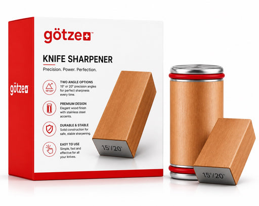 Götze premium wooden knife sharpener with 15° and 20° angle guide, cylindrical sharpening roller, stainless steel accents, and retail packaging.