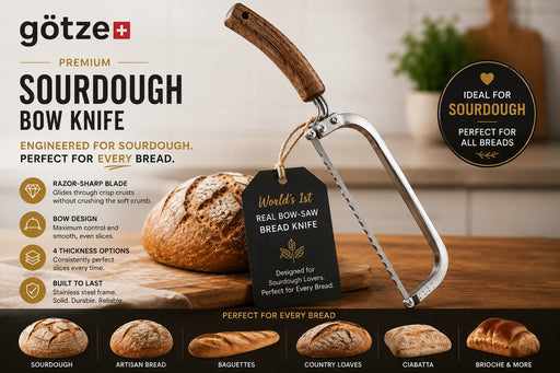 Götze premium sourdough bow knife with wooden handle and stainless steel frame, designed for slicing sourdough, artisan loaves, baguettes, ciabatta, and brioche.