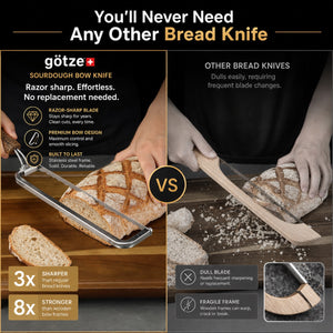 Götze Premium Bread & Sourdough Bow Knife comparison showing its razor-sharp stainless steel blade and durable bow design versus a traditional wooden bread knife.