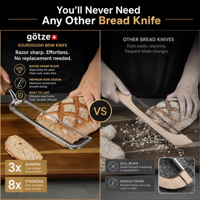 Götze sourdough bow knife comparison showing its razor-sharp stainless steel blade and durable bow design versus a traditional wooden bread knife.