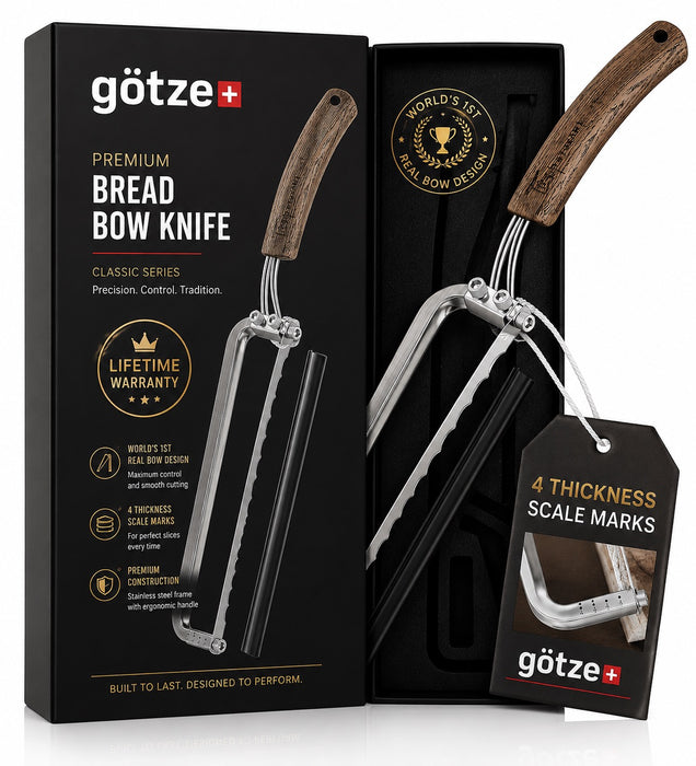 Götze premium bread bow knife with wooden handle, stainless steel bow frame, serrated blade, thickness scale marks, and black gift box packaging.