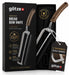 Götze premium bread bow knife with wooden handle, stainless steel bow frame, serrated blade, thickness scale marks, and black gift box packaging.