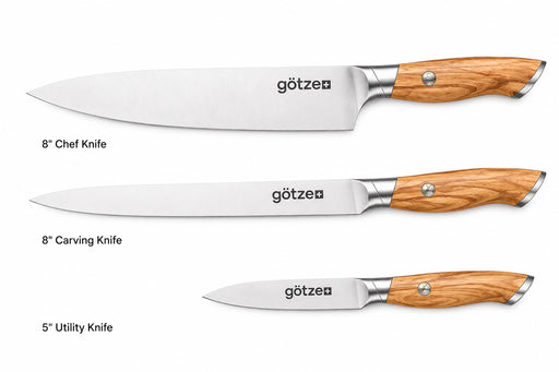 Götze 3-piece kitchen knife set with olive wood handles, featuring an 8-inch chef knife, 8-inch carving knife, and 5-inch utility knife.