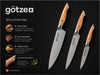Götze 3-piece kitchen knife set with olive wood handles, featuring an 8-inch chef knife, 8-inch carving knife, and 5-inch utility knife.