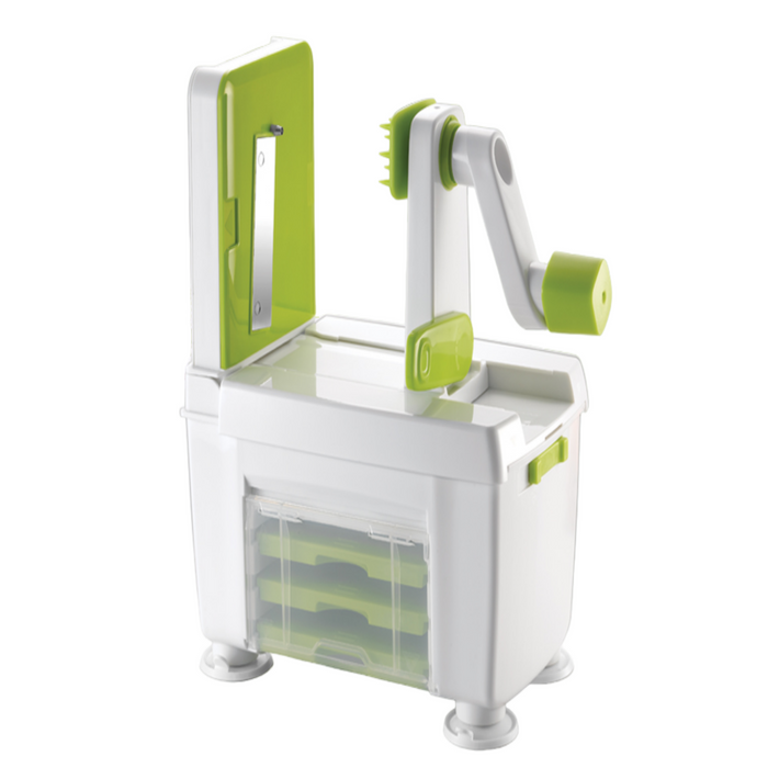 Götze Premium Vegetable Spiralizer with white and green design, hand crank, slicing blade, interchangeable grater attachments, and built-in storage compartment.